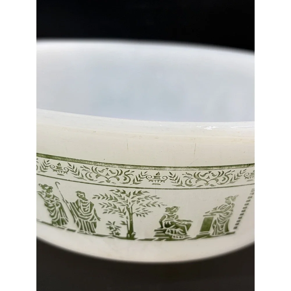 Vintage Glasbake Milk Glass With Roman Greek Green Design 2 QT Casserole‎ Dish